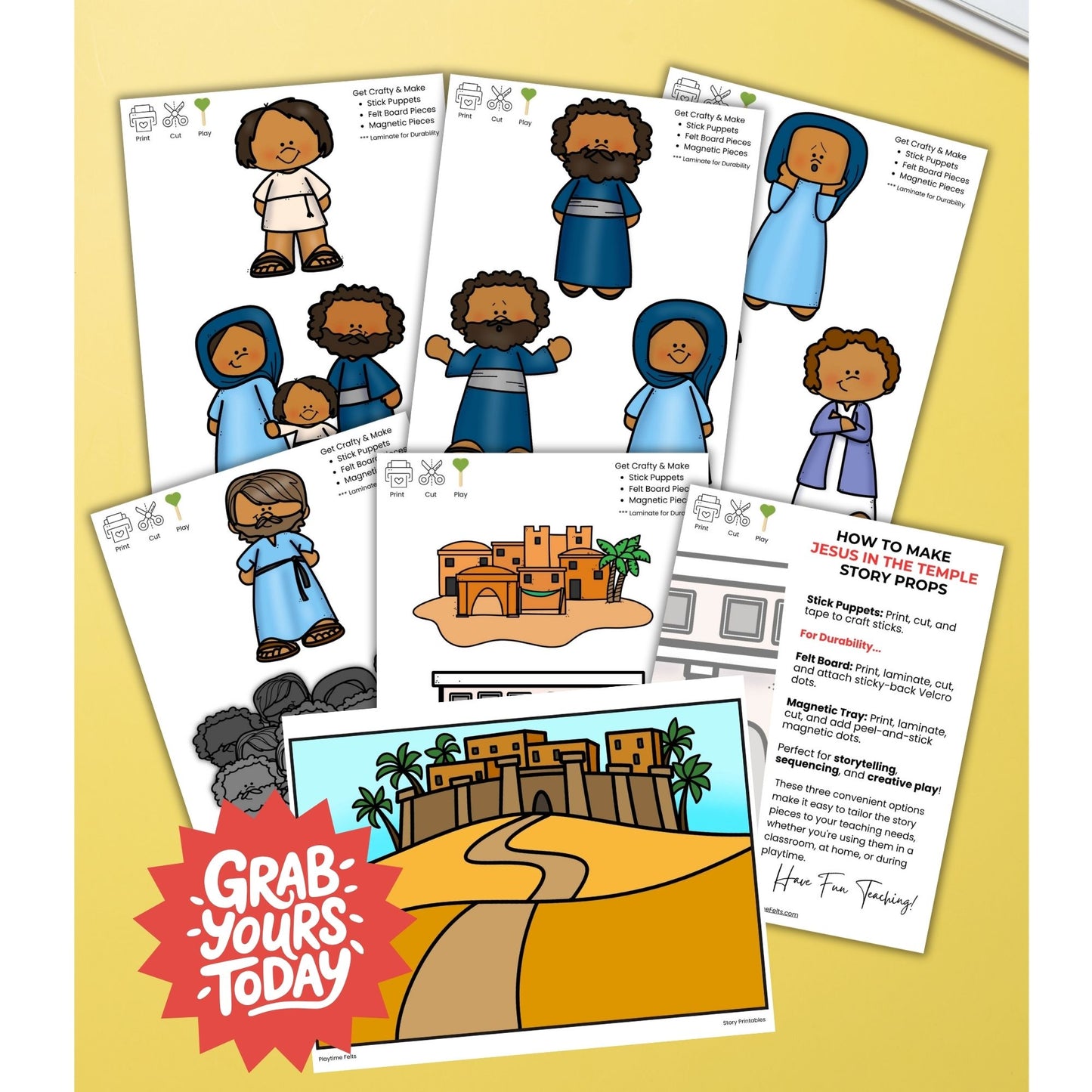 Educational materials with illustrations of people and a castle on a yellow background