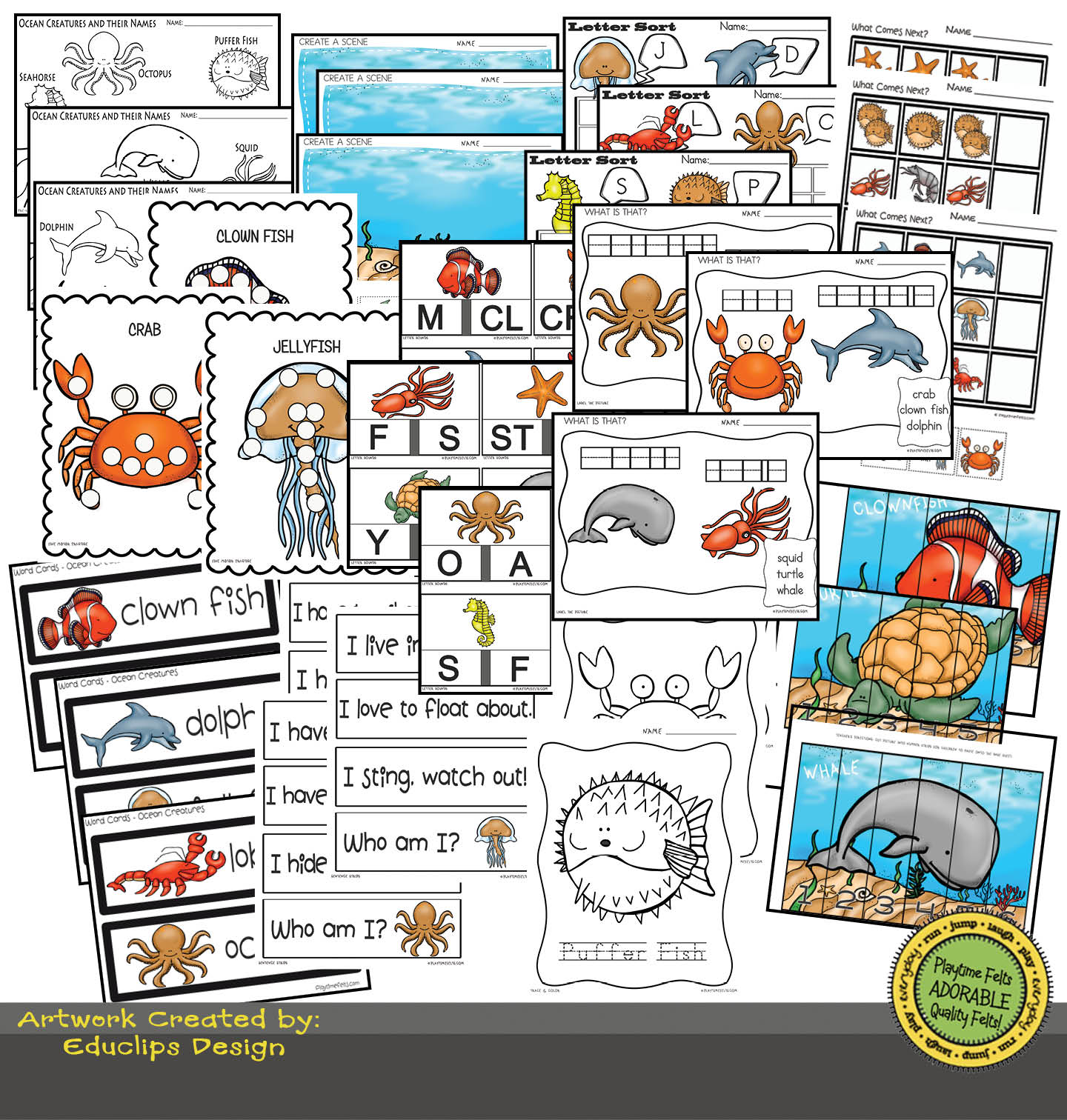Ocean Animals Color, Trace, Cut & Paste Variety Pack INSTANT 📥 Download - Preschool Activity Sheets Playtime Felts