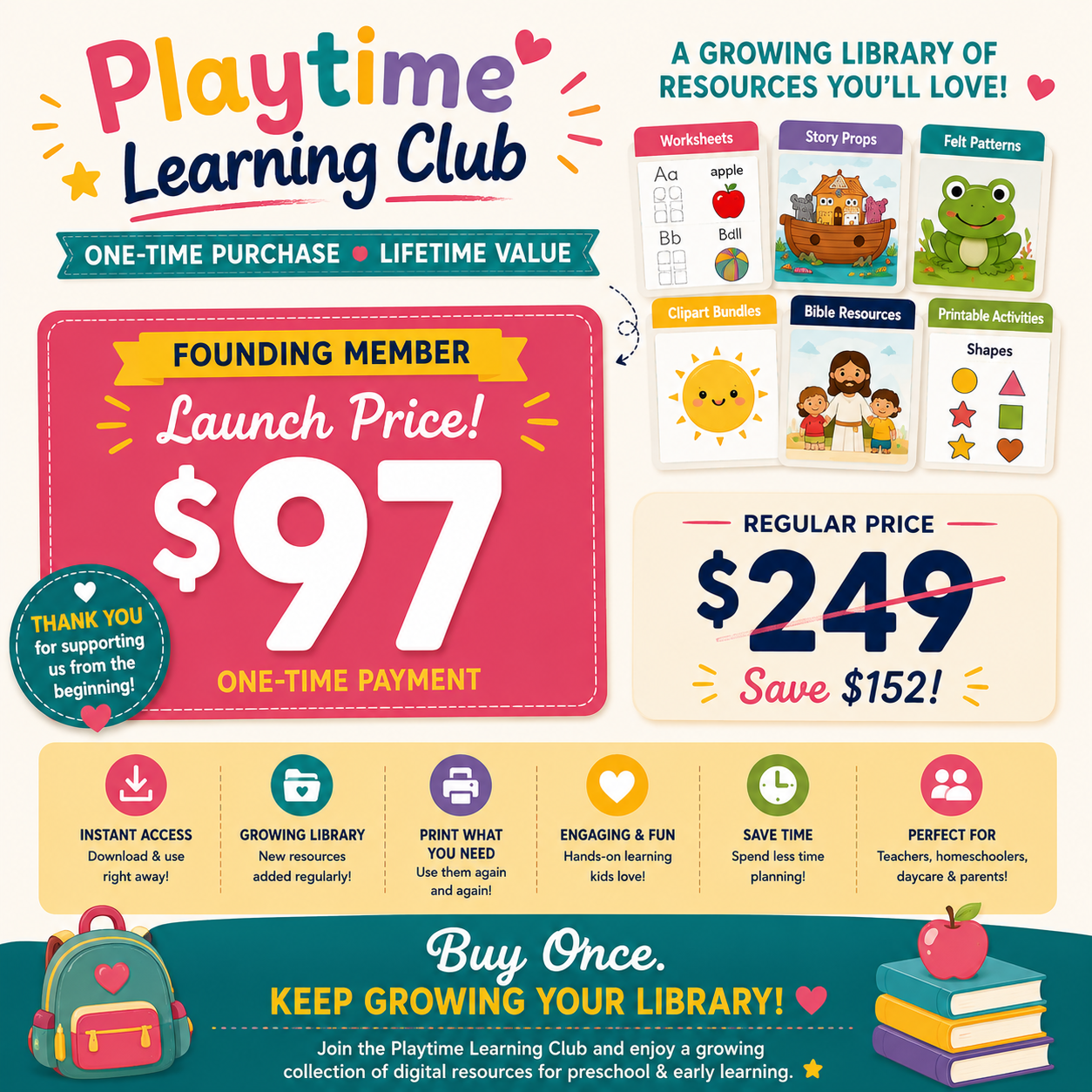 Playtime Learning Club Founding Member launch offer with a one-time payment of $97, regular price $249, and access to a growing library of preschool educational resources.