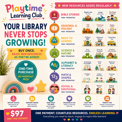 Playtime Learning Club growing resource library featuring preschool themes, Bible stories, seasonal activities, alphabet, math, science, and educational printables.