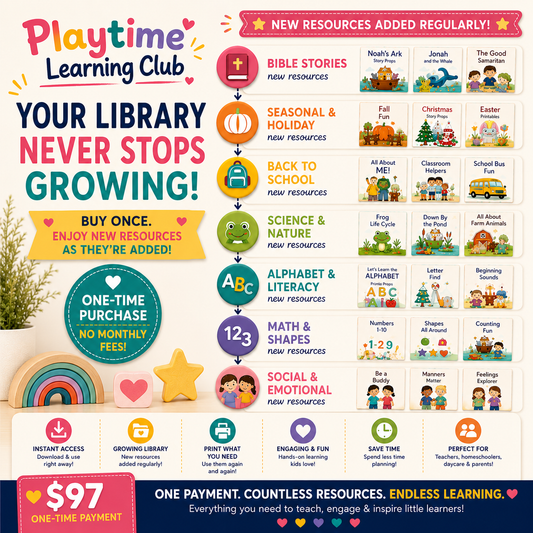 Playtime Learning Club growing resource library featuring preschool themes, Bible stories, seasonal activities, alphabet, math, science, and educational printables.