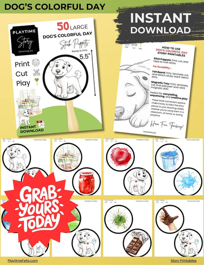 Complete set of printable characters and objects from Dog’s Colorful Day, ideal for preschool learning and story sequencing.
