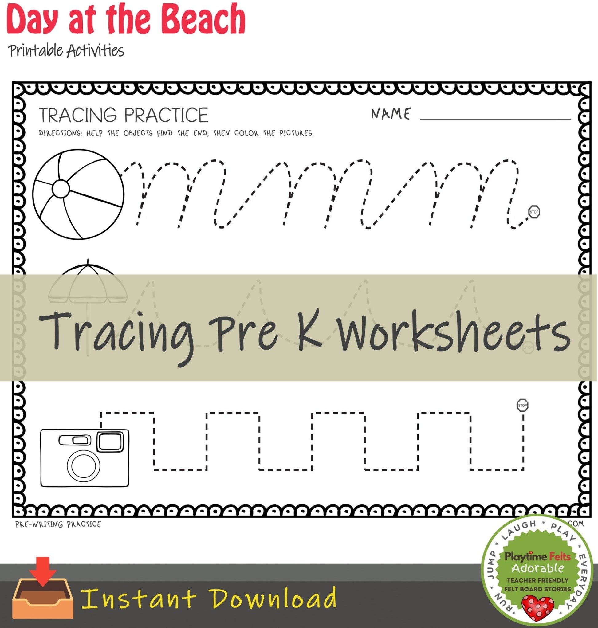 Printable Preschool Activities Color, Trace, Cut & Paste Variety Pack Day at the Beach - Preschool Activity Sheets Playtime Felts