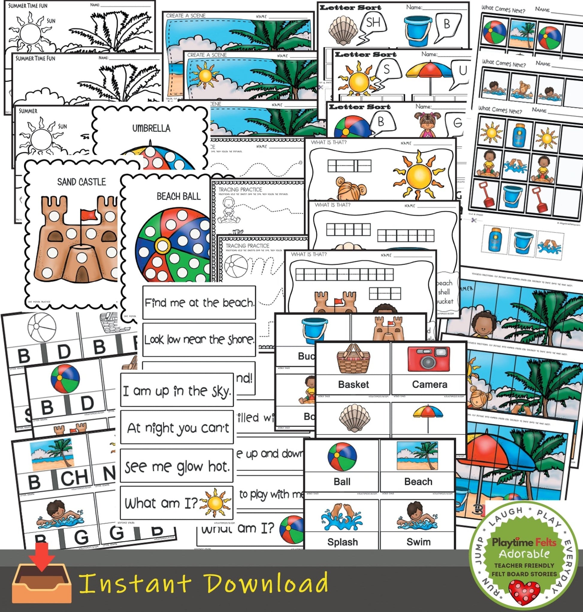 Printable Preschool Activities Color, Trace, Cut & Paste Variety Pack Day at the Beach - Preschool Activity Sheets Playtime Felts