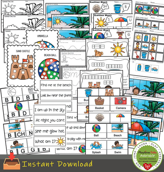 Printable Preschool Activities Color, Trace, Cut & Paste Variety Pack Day at the Beach - Preschool Activity Sheets Playtime Felts