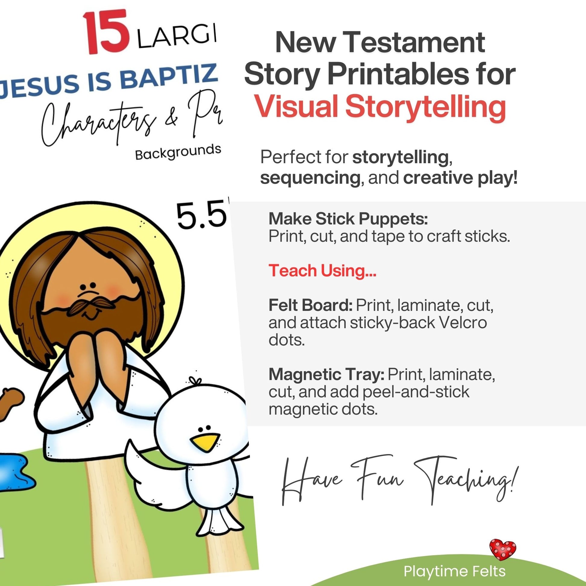 Promotional graphic for New Testament story printables with Jesus and dove illustration.