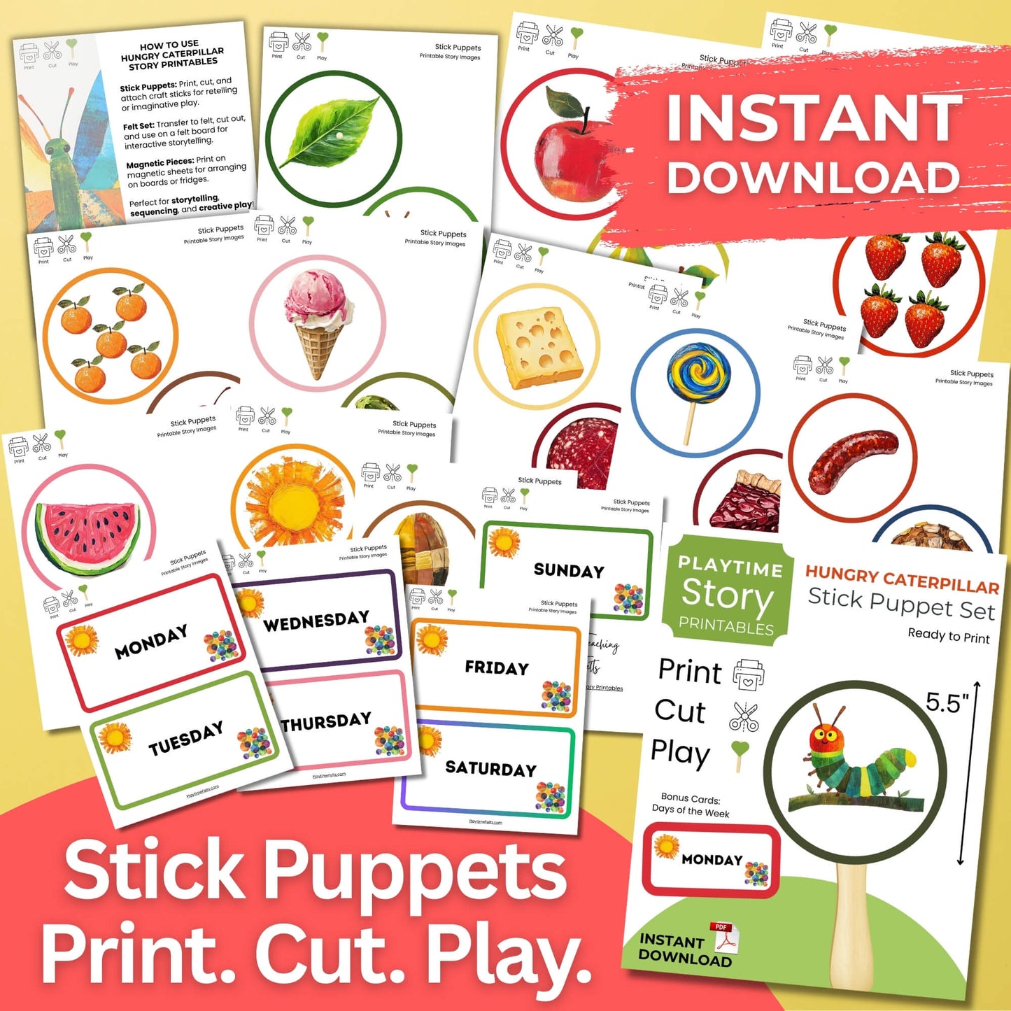 Hungry Caterpillar Stick Puppet Set, Days of the Week (PDF)