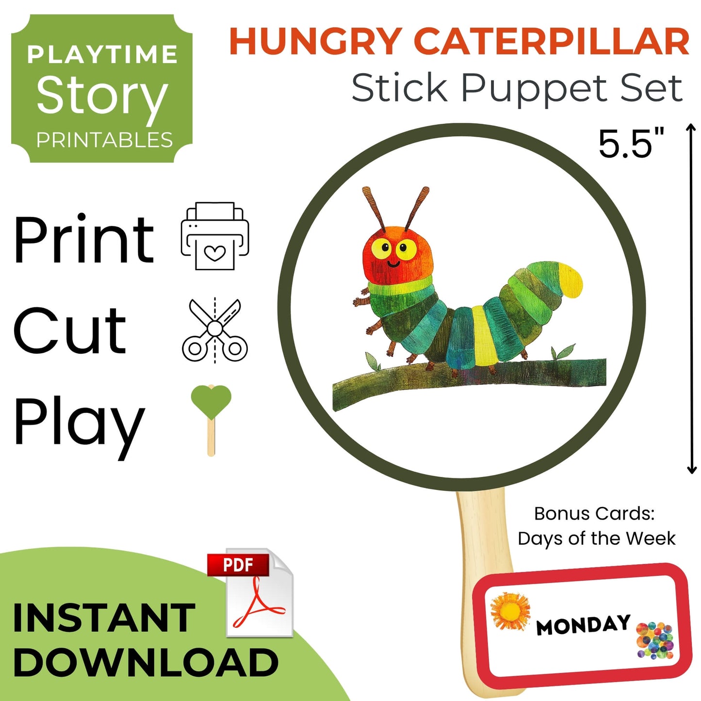 Hungry Caterpillar Stick Puppet Set, Days of the Week (PDF)