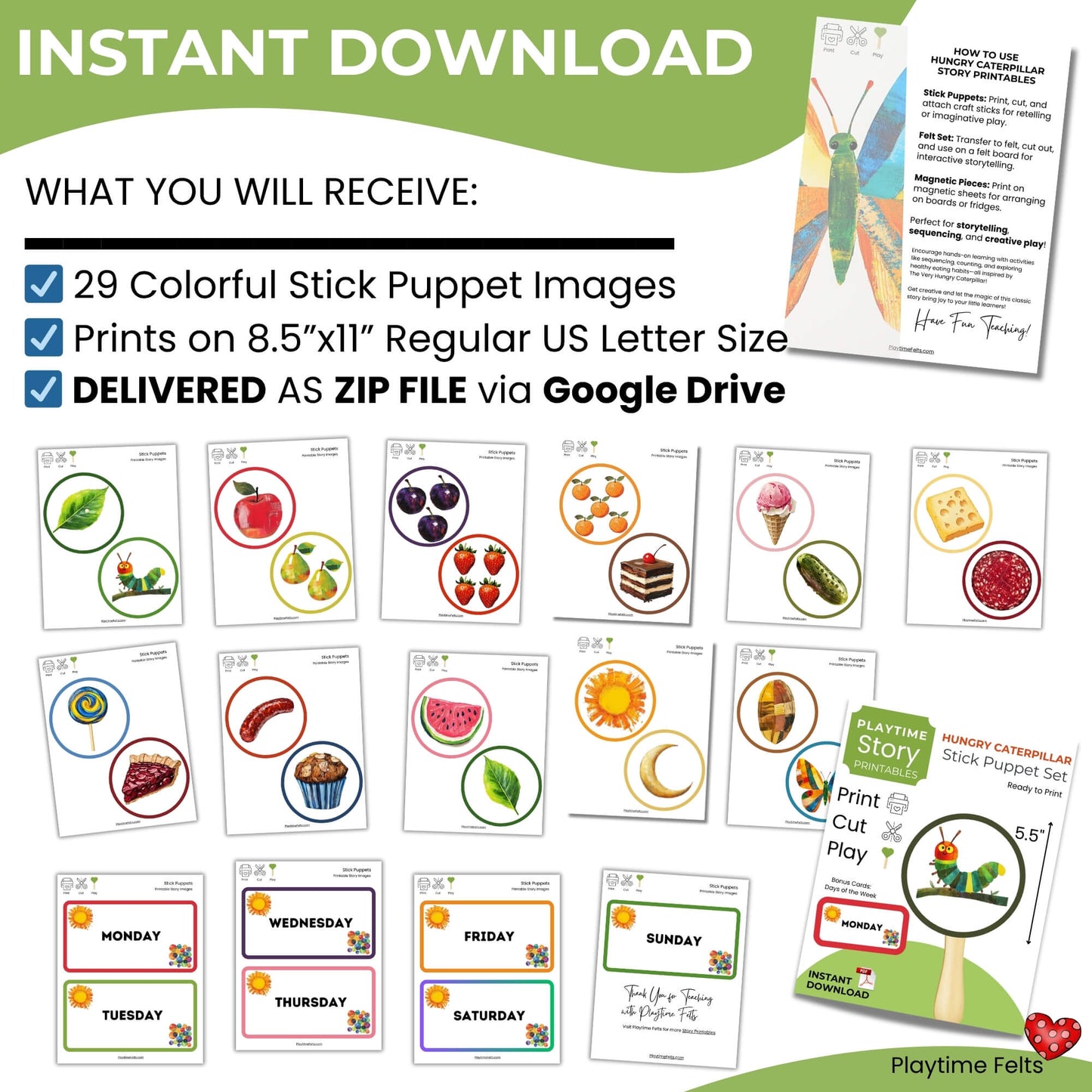 Hungry Caterpillar Stick Puppet Set, Days of the Week (PDF)
