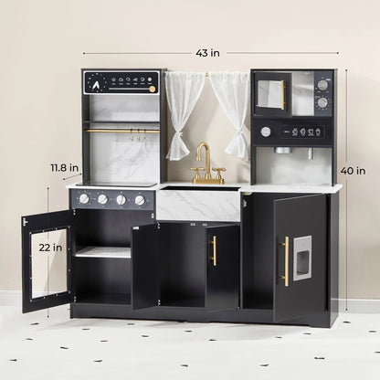Tiny Land® Iconic Wooden Play Kitchen – Black Pretend Cooking Set for Kids