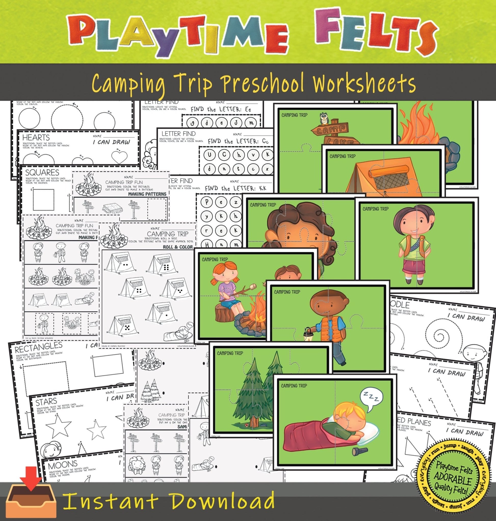 Camping Trip Preschool Printable Worksheets INSTANT 📥 Download - Preschool Activity Sheets Playtime Felts
