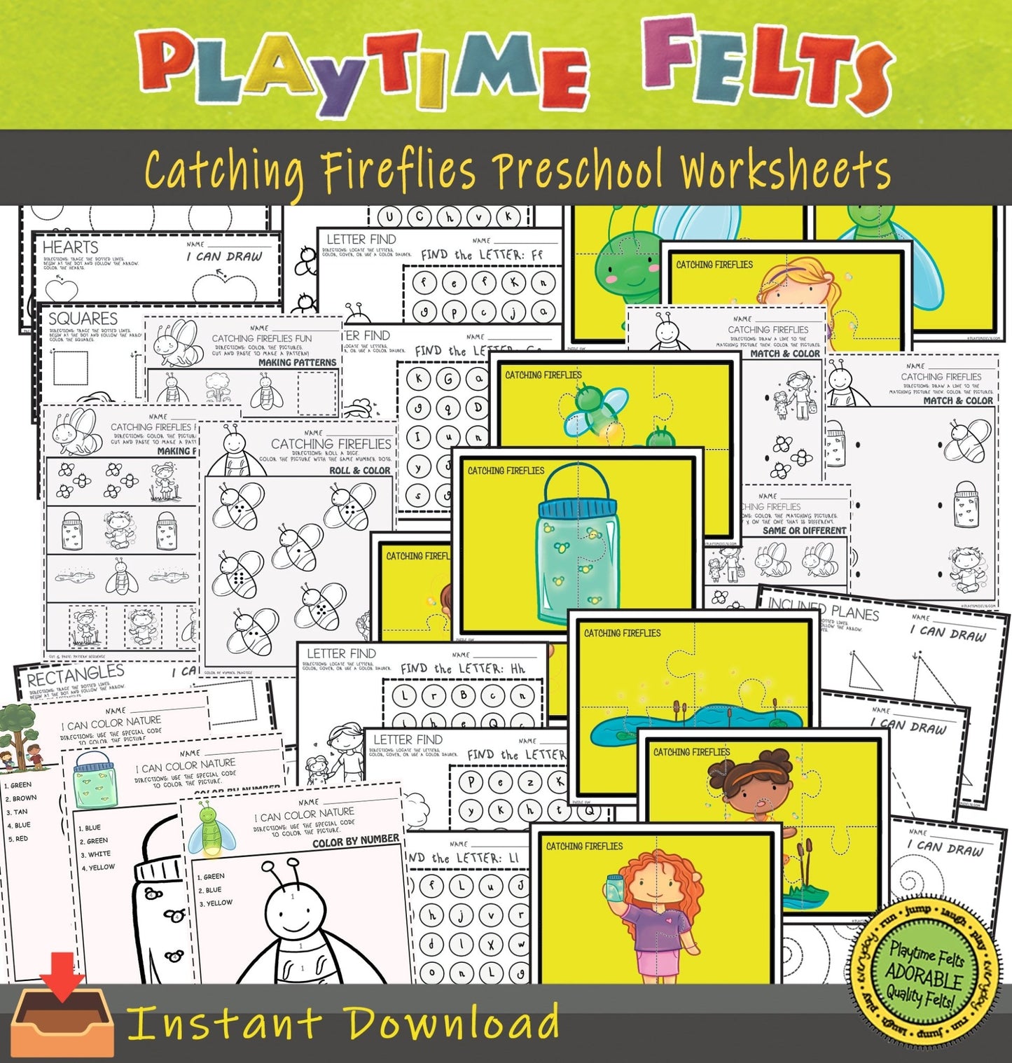 Catching Fireflies Preschool Printable Worksheets INSTANT 📥 Download - Preschool Activity Sheets Playtime Felts