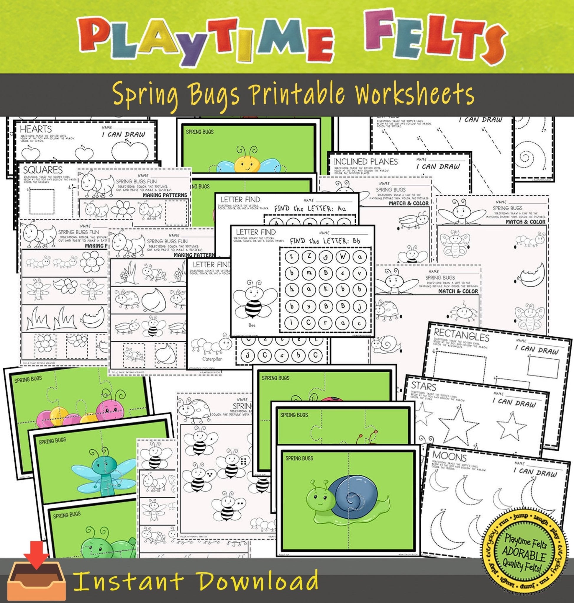 Spring Bugs Preschool Printable Worksheets INSTANT 📥 Download - Preschool Activity Sheets Playtime Felts